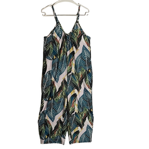FANTASLOOK Leaf Print Cropped Jumpsuit, Women’s S, Teal Green